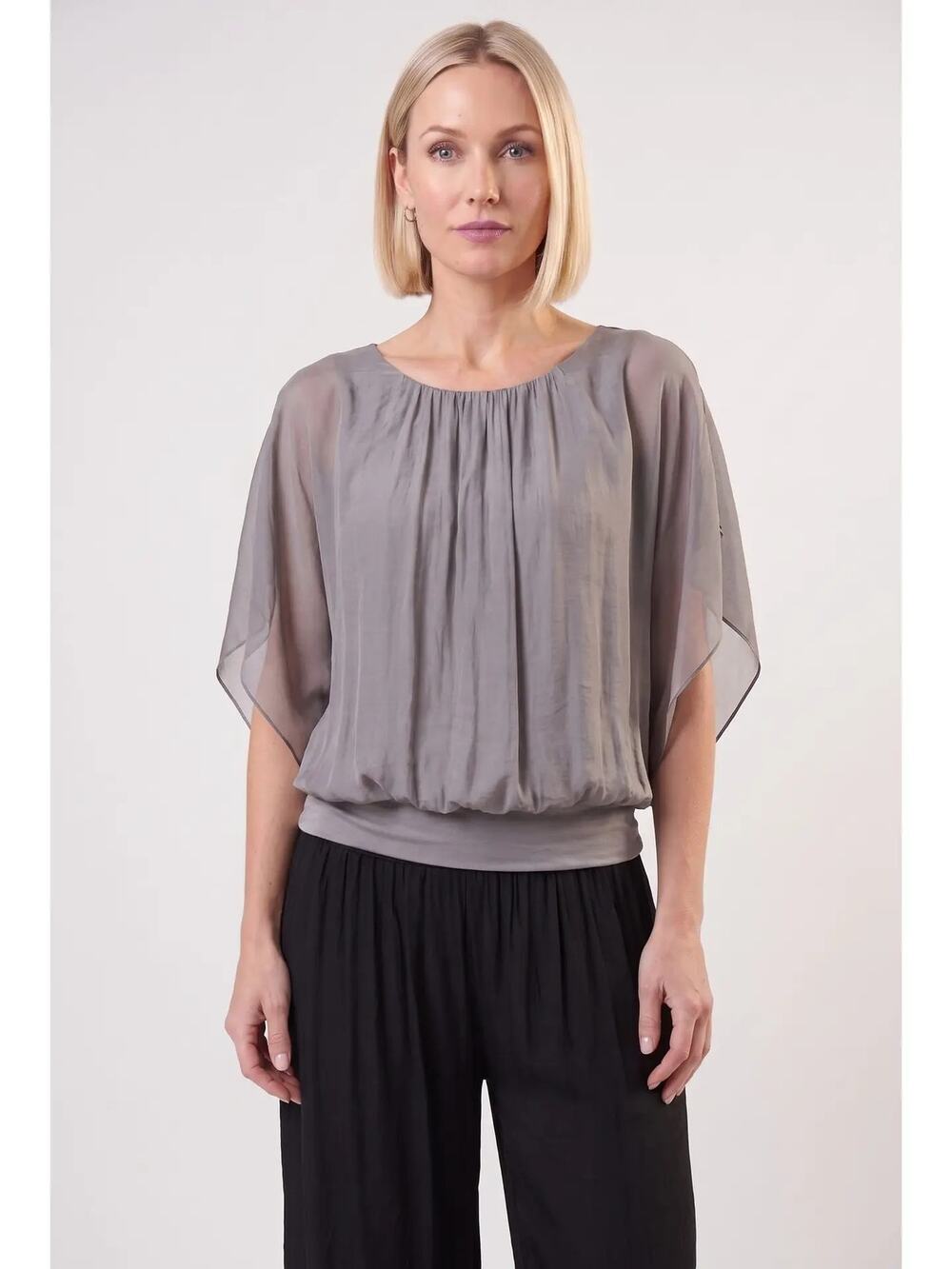 NWT Tina Stephens Aurora Silk Top Made in Italy Flutter Sleeve One Size Taupe